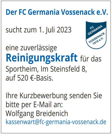 Reinigungskraft für das Sportheim gesucht.